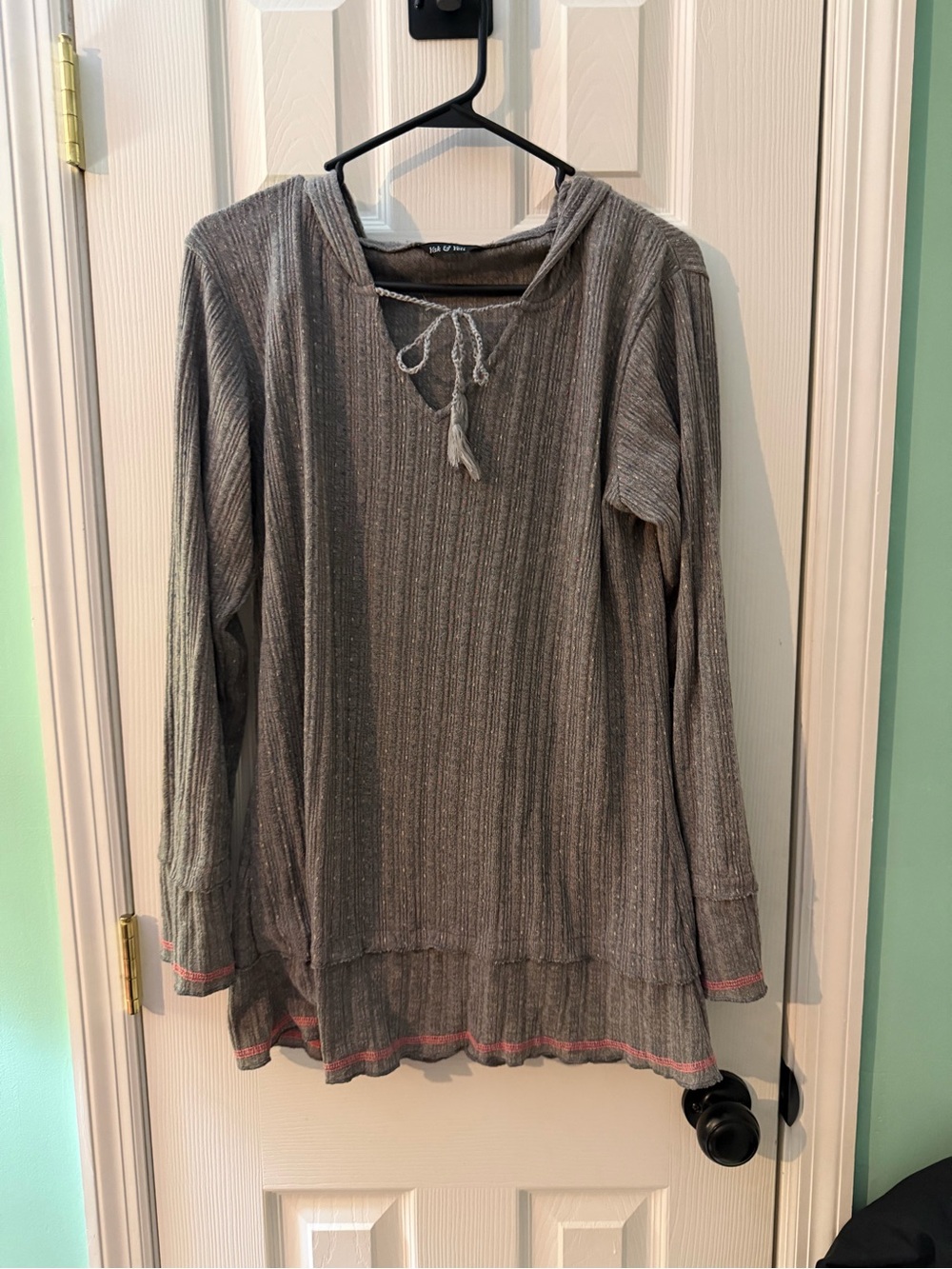 Gray Ribbed Hooded Long-Sleeve Top with Tie Neck